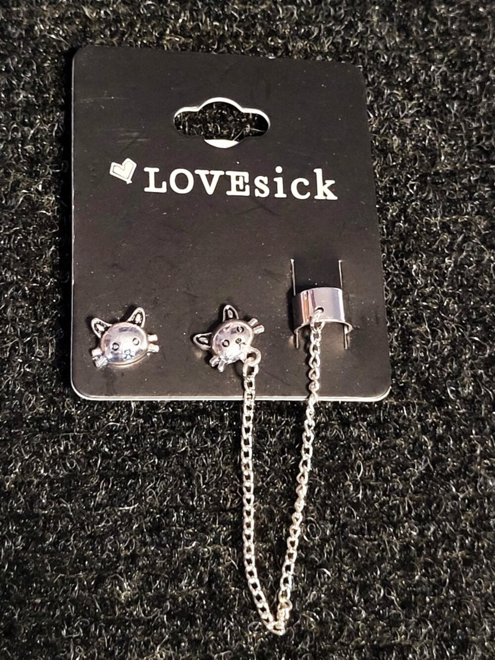 ⚡3/$20⚡ *NEW* LOVESICK Silver Cat Face Whiskers Earrings Ear Cuff Hot Topic